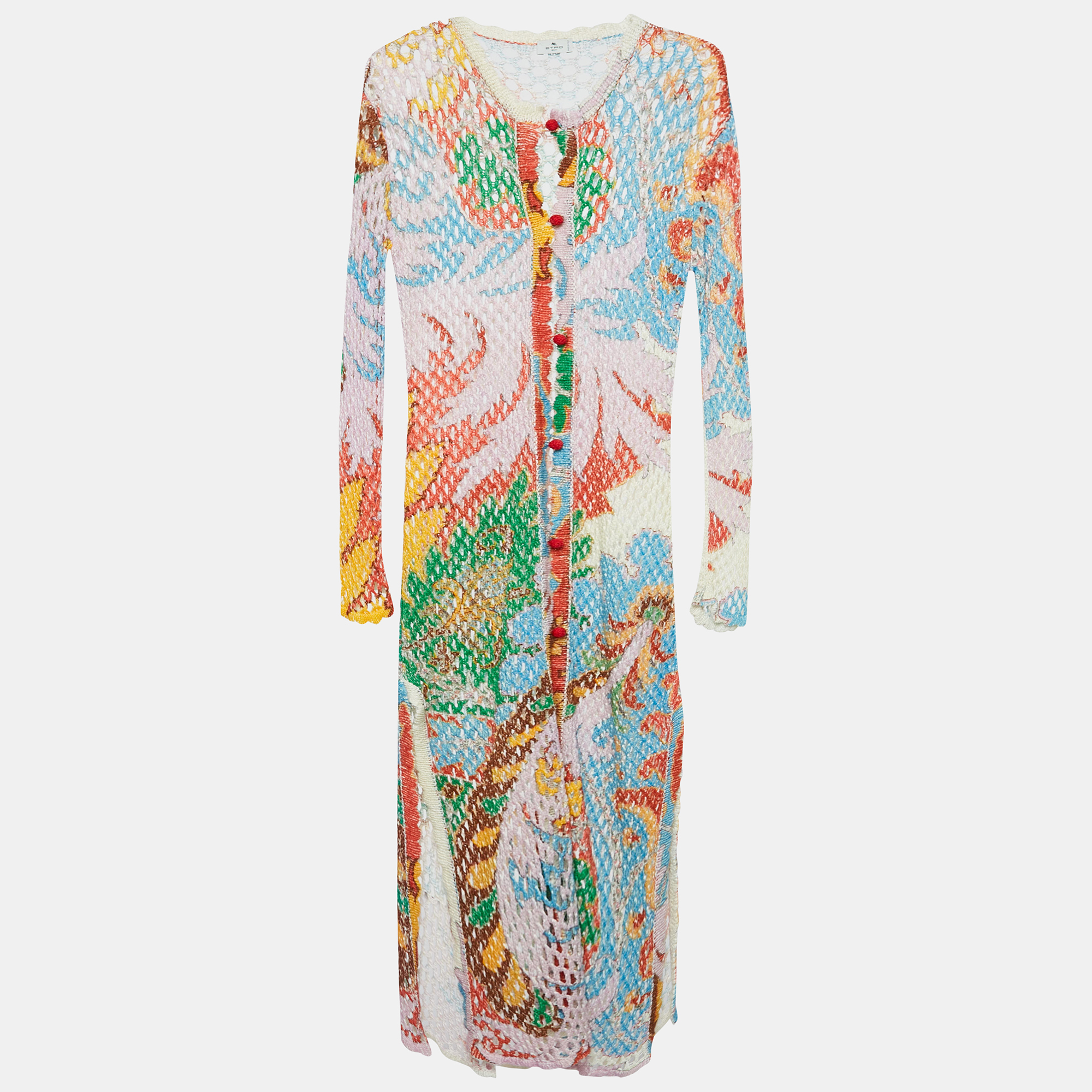 Etro Multicolor Patterned Linen Knit Button Front Long Cardigan M 