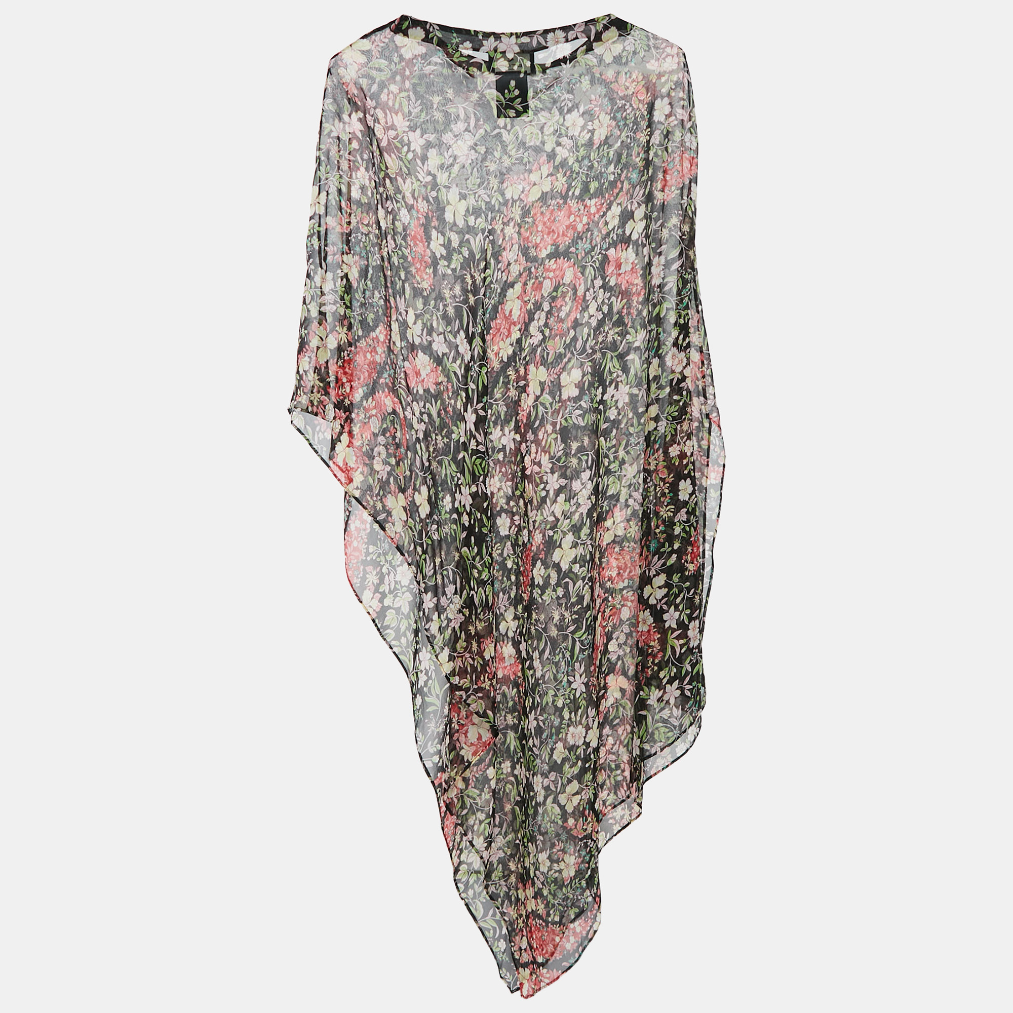 

Etro Black Floral Print Sheer Silk Asymmetric Tunic Top