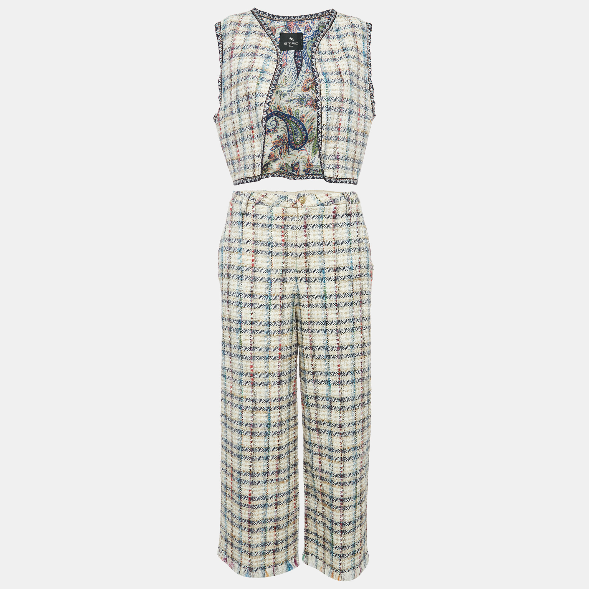 

Etro Beige Checks Tweed Open Front Vest and Trousers Set M