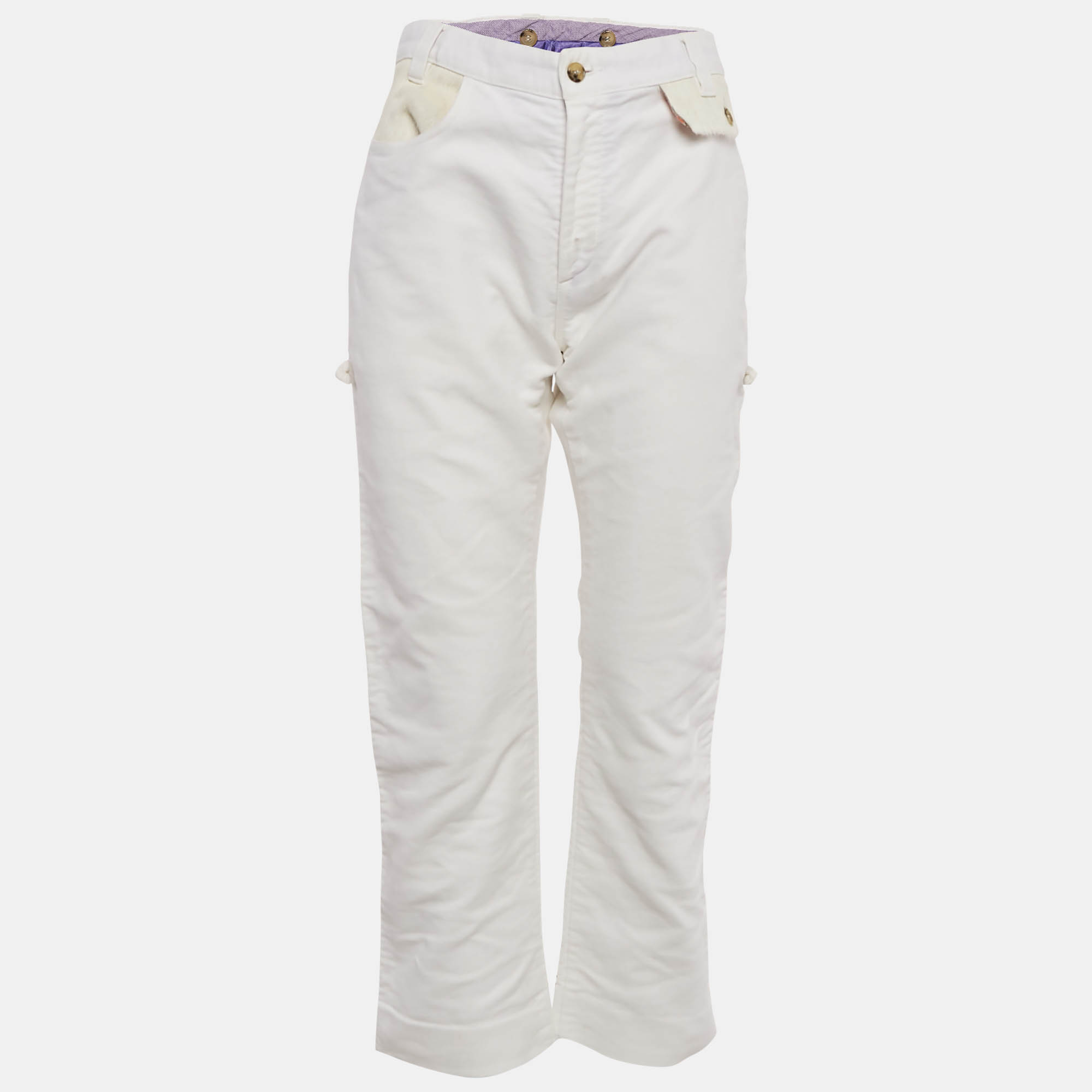 

Etro White Denim Fur Detail Straight Pants L