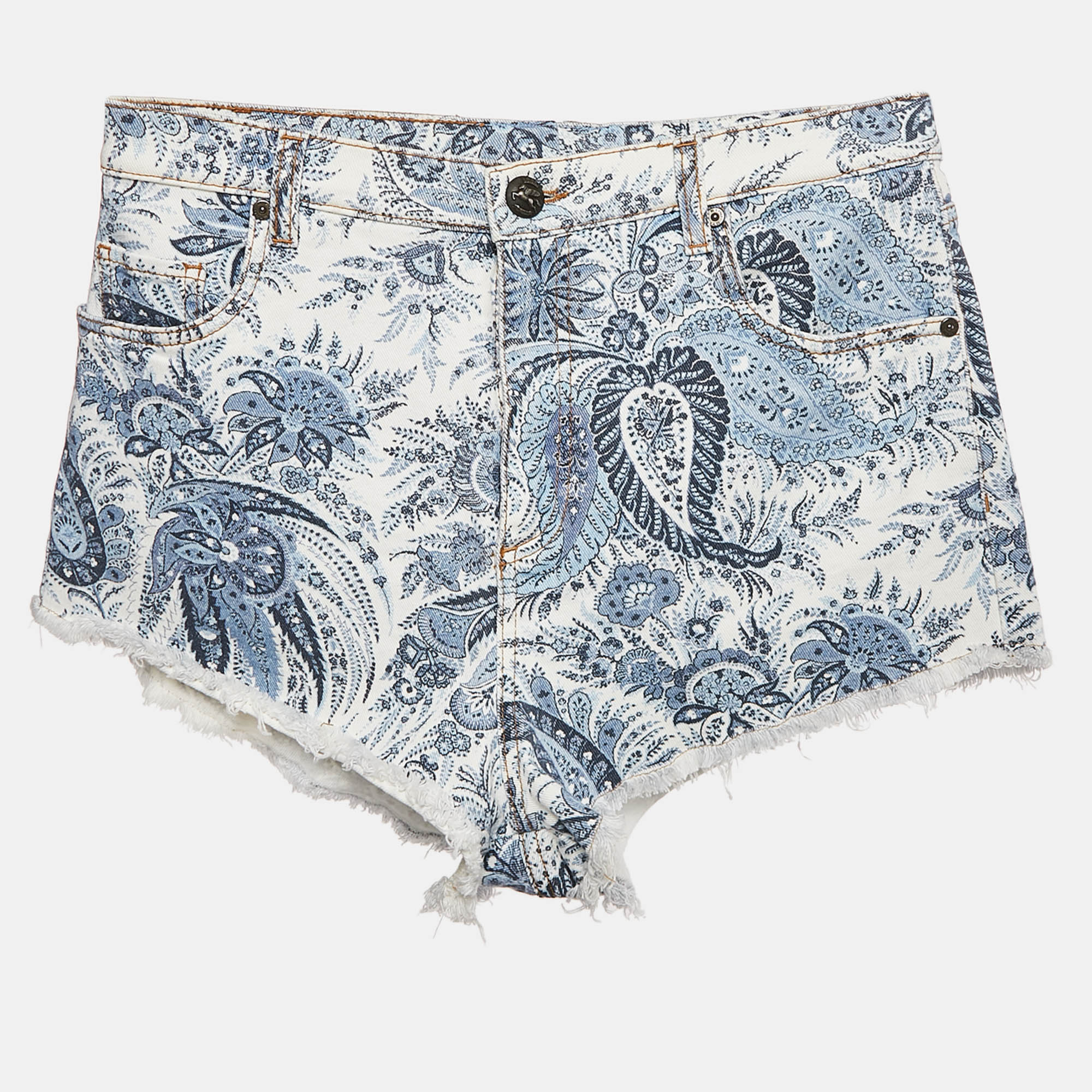 

Etro Blue Paisley Print Denim Shorts M Waist 30"