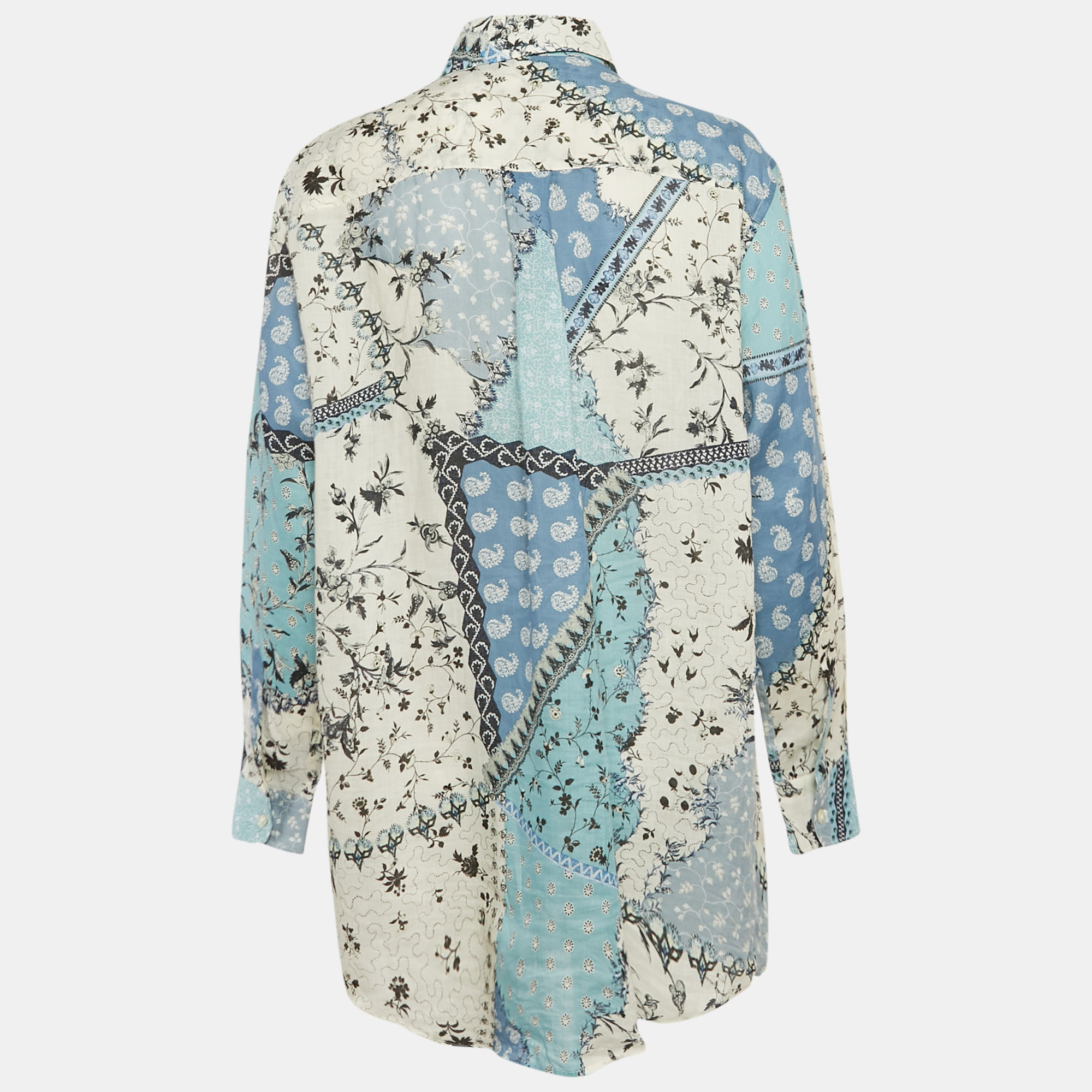 Etro Blue/Multicolor Printed Ramie Button Front Tunic Shirt S 