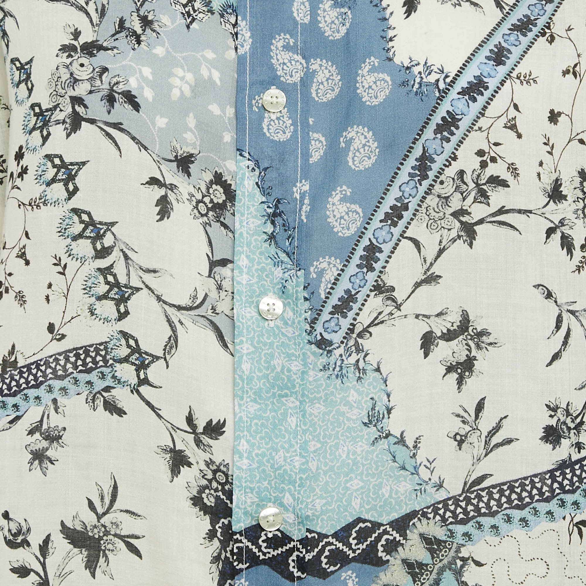 Etro Blue/Multicolor Printed Ramie Button Front Tunic Shirt S 