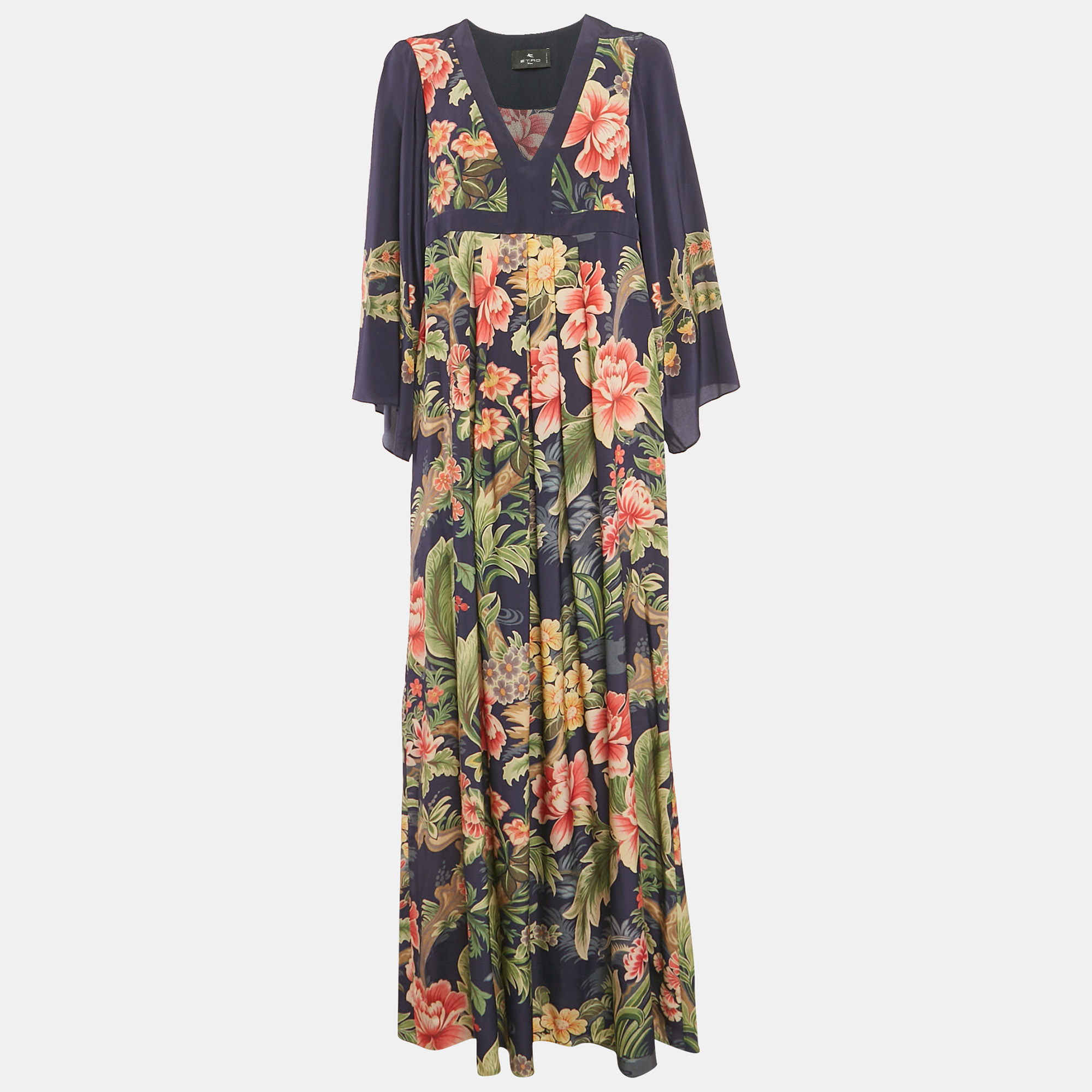 

Etro Navy Blue Floral Print Silk Pleated Maxi Dress L