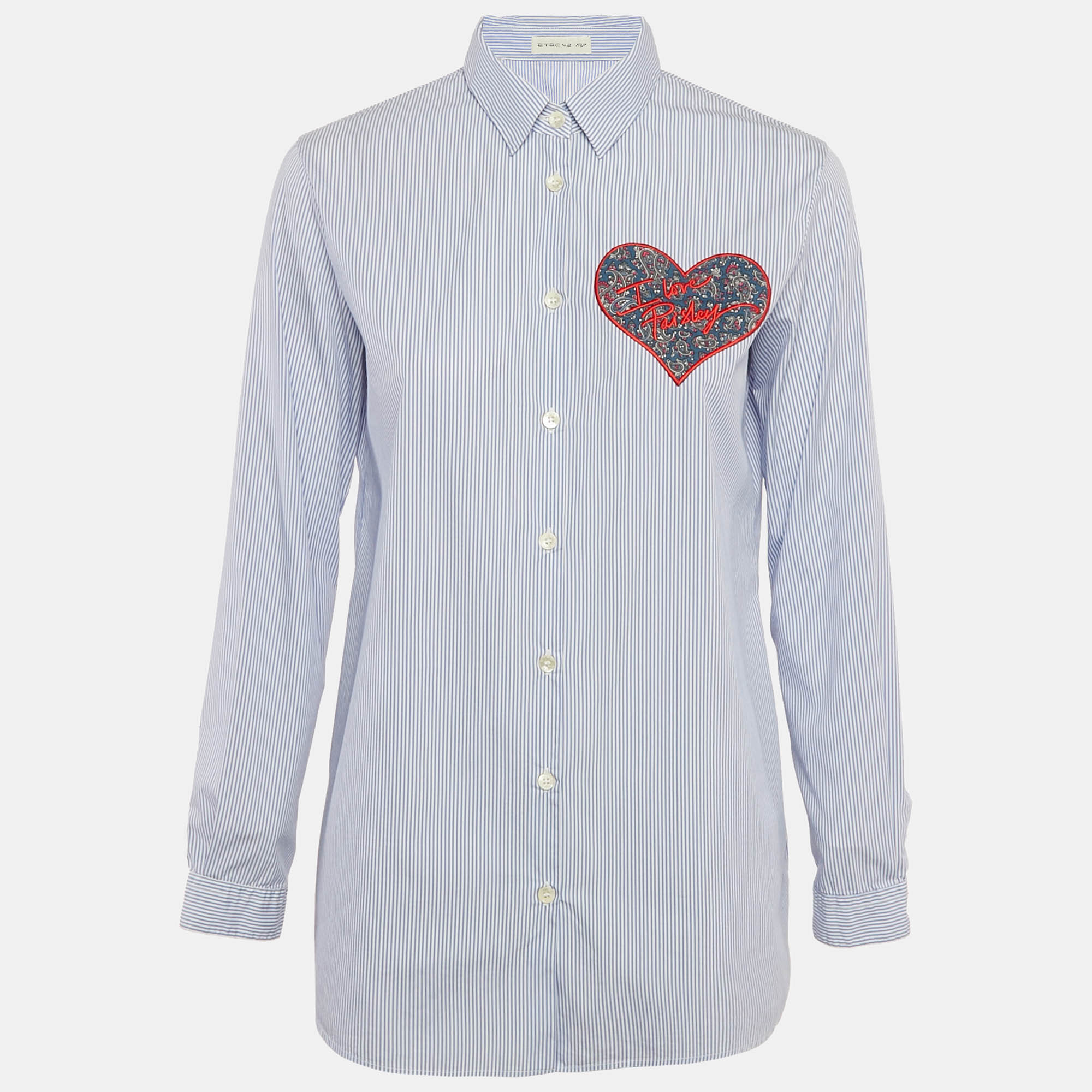 

Etro Blue Striped Cotton Paisley Heart Applique Shirt M