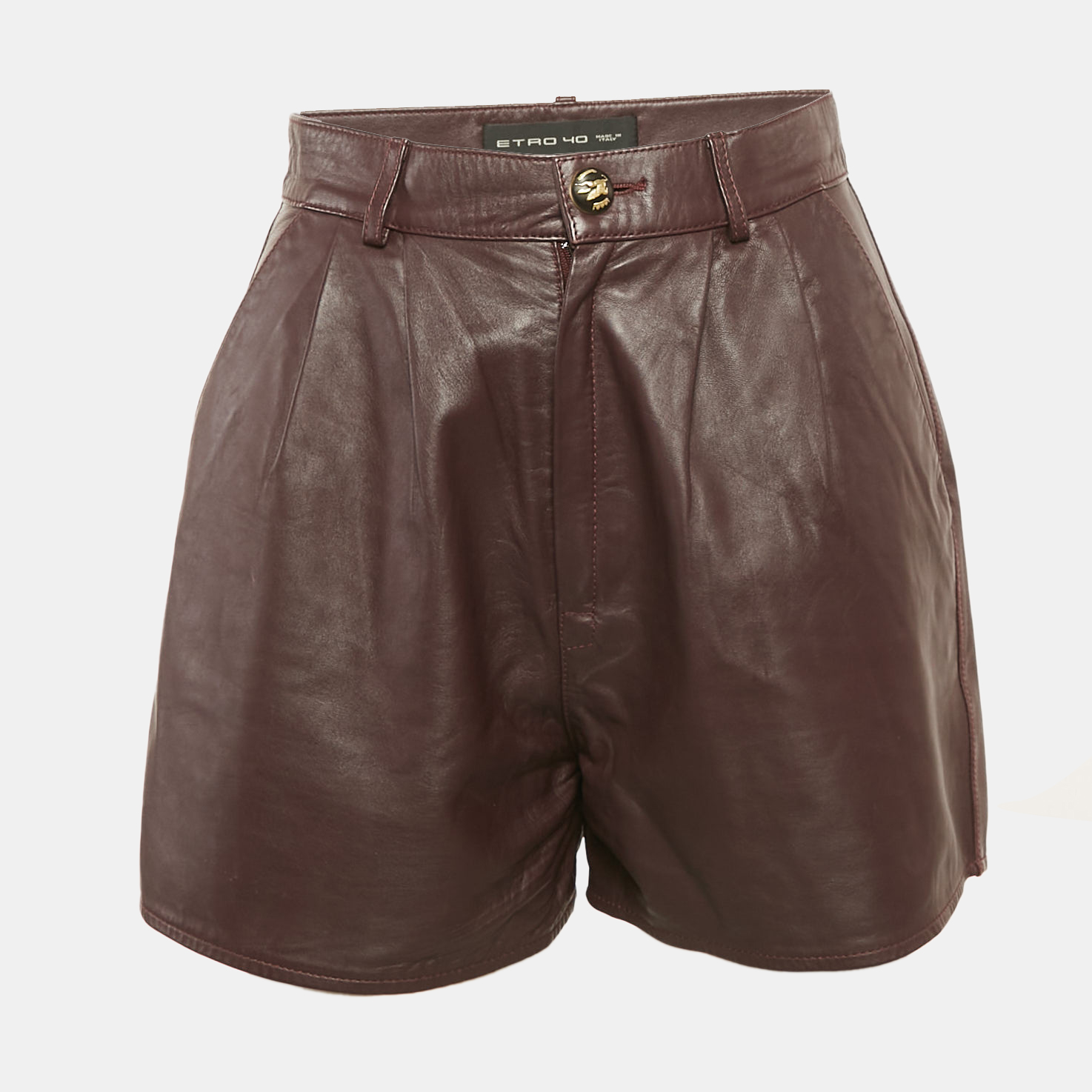 

Etro Burgundy Leather Pleated Shorts S