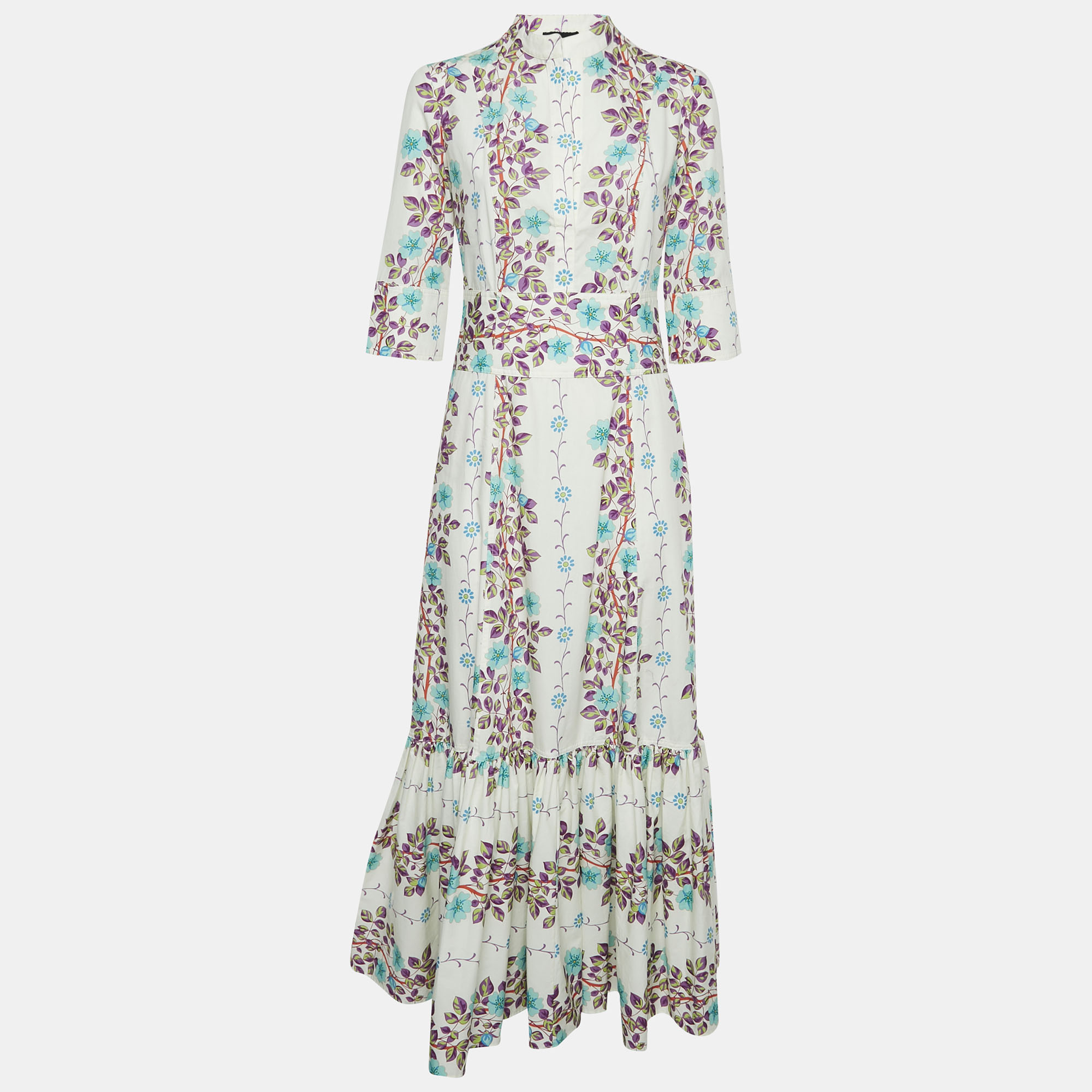 

Etro White Floral Print Cotton Gathered Maxi Dress M