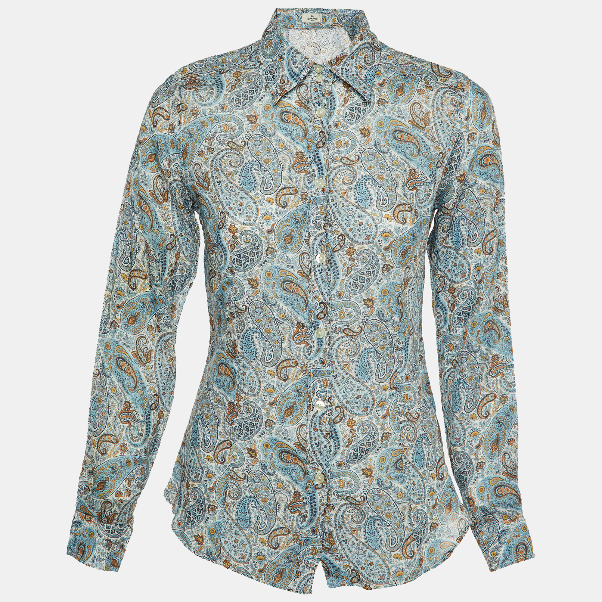 

Etro Blue Paisley Print Ramie Button Front Shirt S