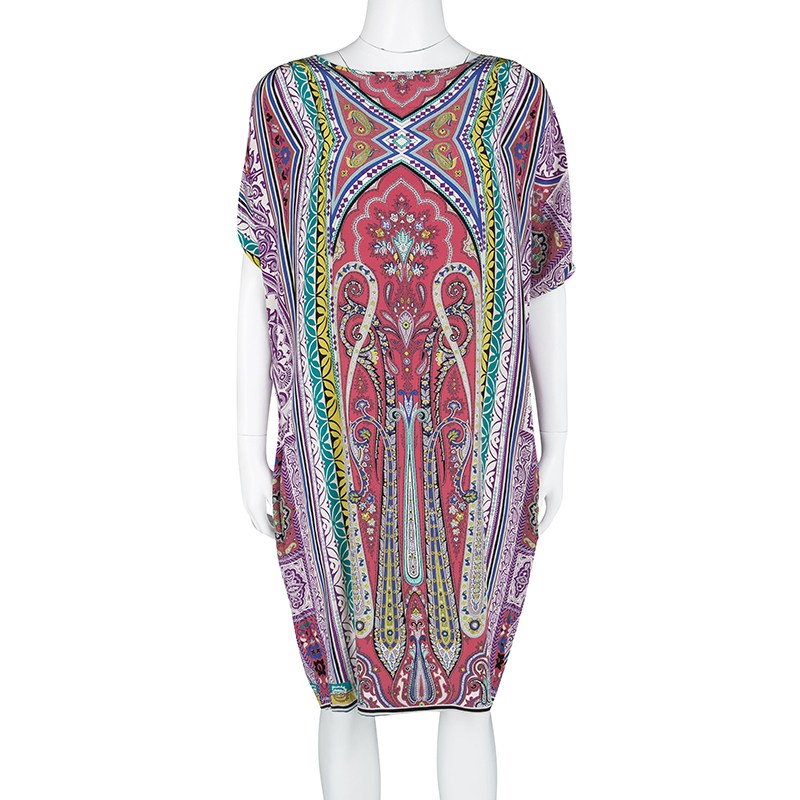 

Etro Multicolor Printed Silk Slit Sleeve Detail Shift Dress