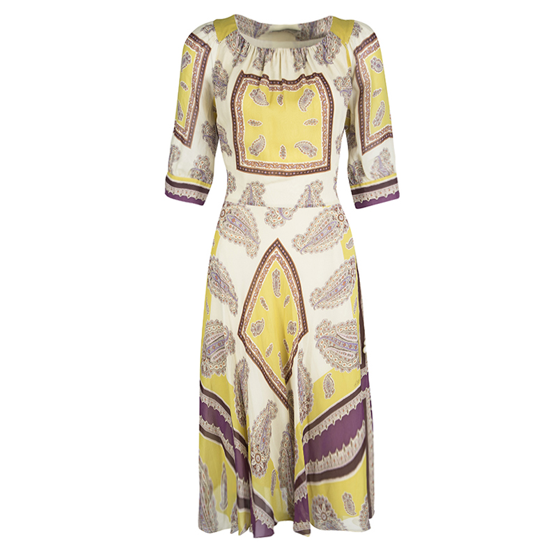 Pre Owned Etro Cream Paisley Printed Silk Short Sleeve Waist Tie Detail Dress M