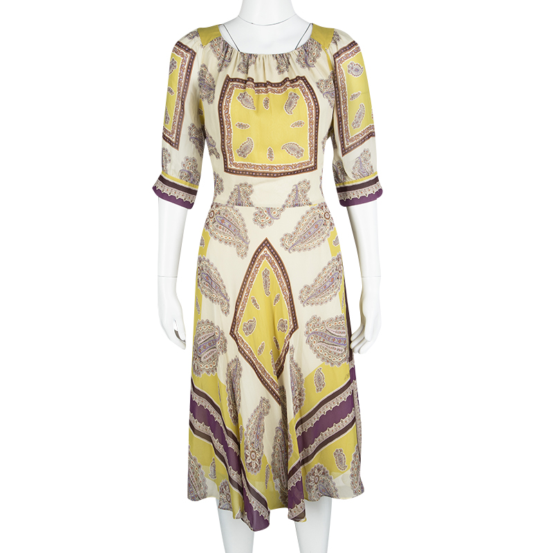 

Etro Cream Paisley Printed Silk Short Sleeve Waist Tie Detail Dress