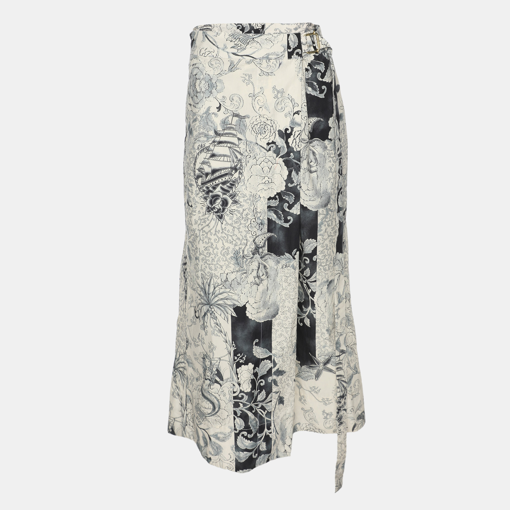 

Etro White/Grey Painterly Cotton Wrap Maxi Skirt L