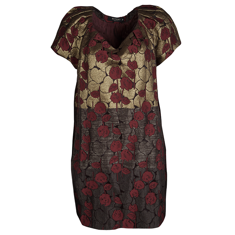 Pre Owned Etro Red and Gold Brocade Short Sleeve Shift Dress L