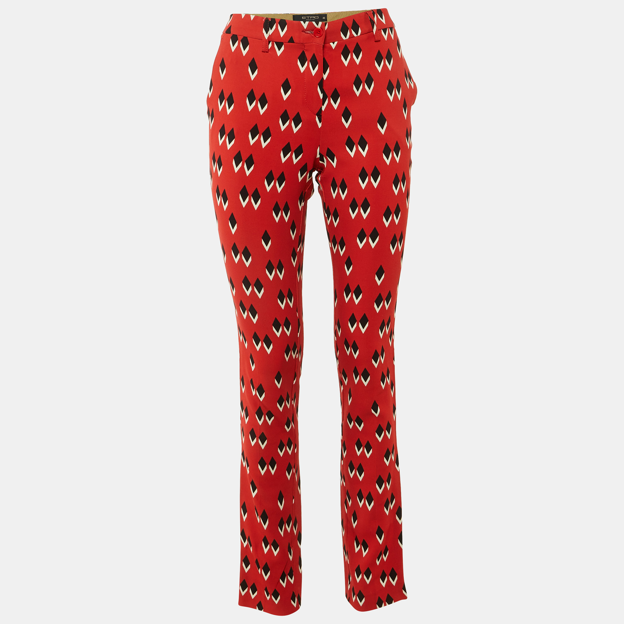 Etro Red Geometric Print Crepe Slim Fit Trousers M