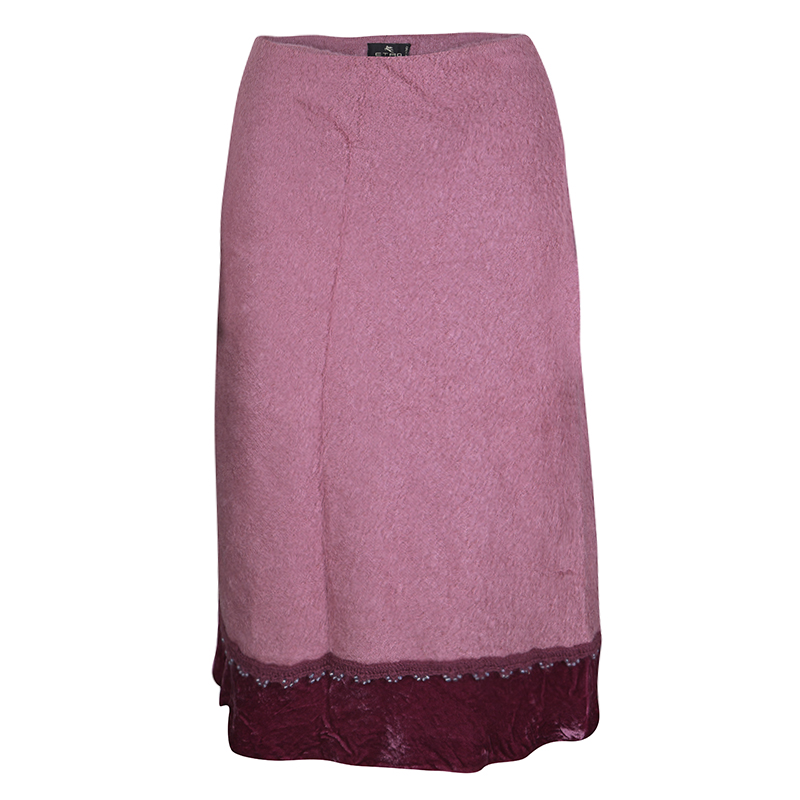 

Etro Pink Wool Blend Velvet Trim Bead Detail Midi Skirt
