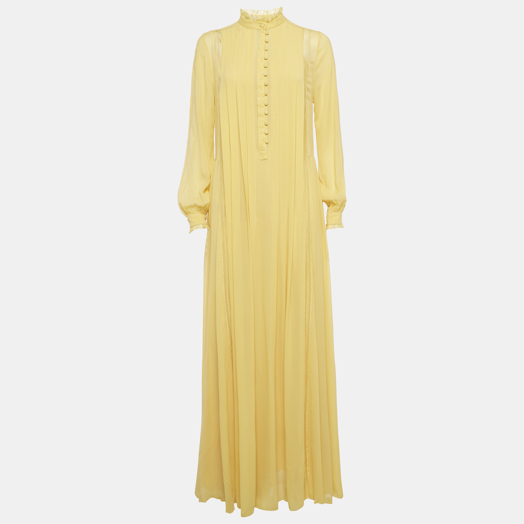 

Etro Yellow Silk Georgette Lace Detail Pleated Maxi Dress XS