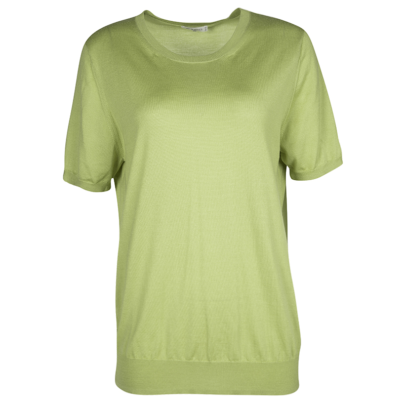 Pre Owned Etro Green Wool Silk Rib Trim Short Sleeve Sweater L
