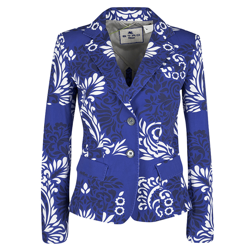 Pre Owned Etro Blue and White Floral Printed Cotton Blazer M