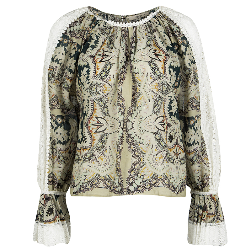 Pre Owned بلوزة إيترو طباعة بيزلي حواف دانتيل بأكمام طويلة S