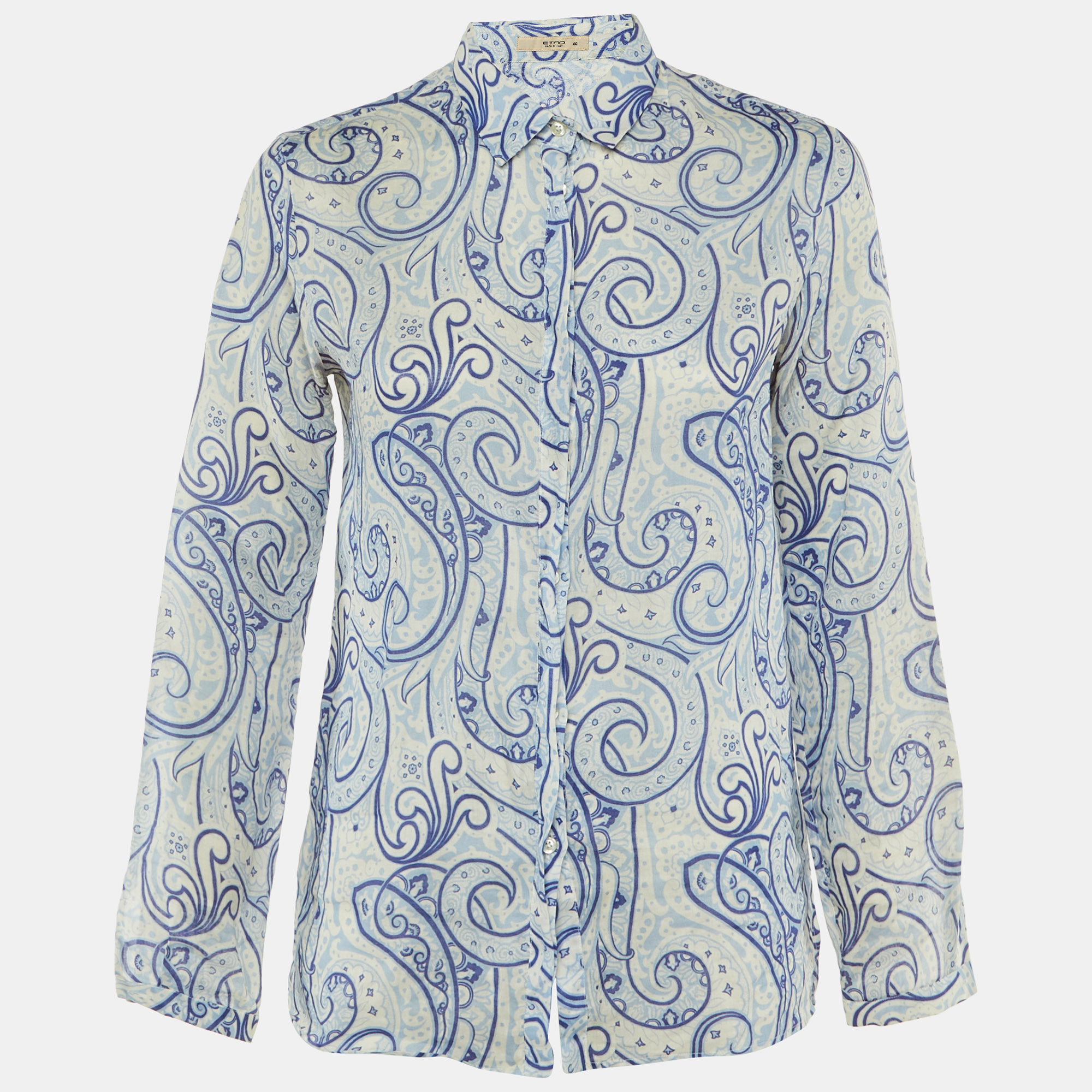 Pre-owned Etro Blue Paisley Print Ramie Button Front Shirt S