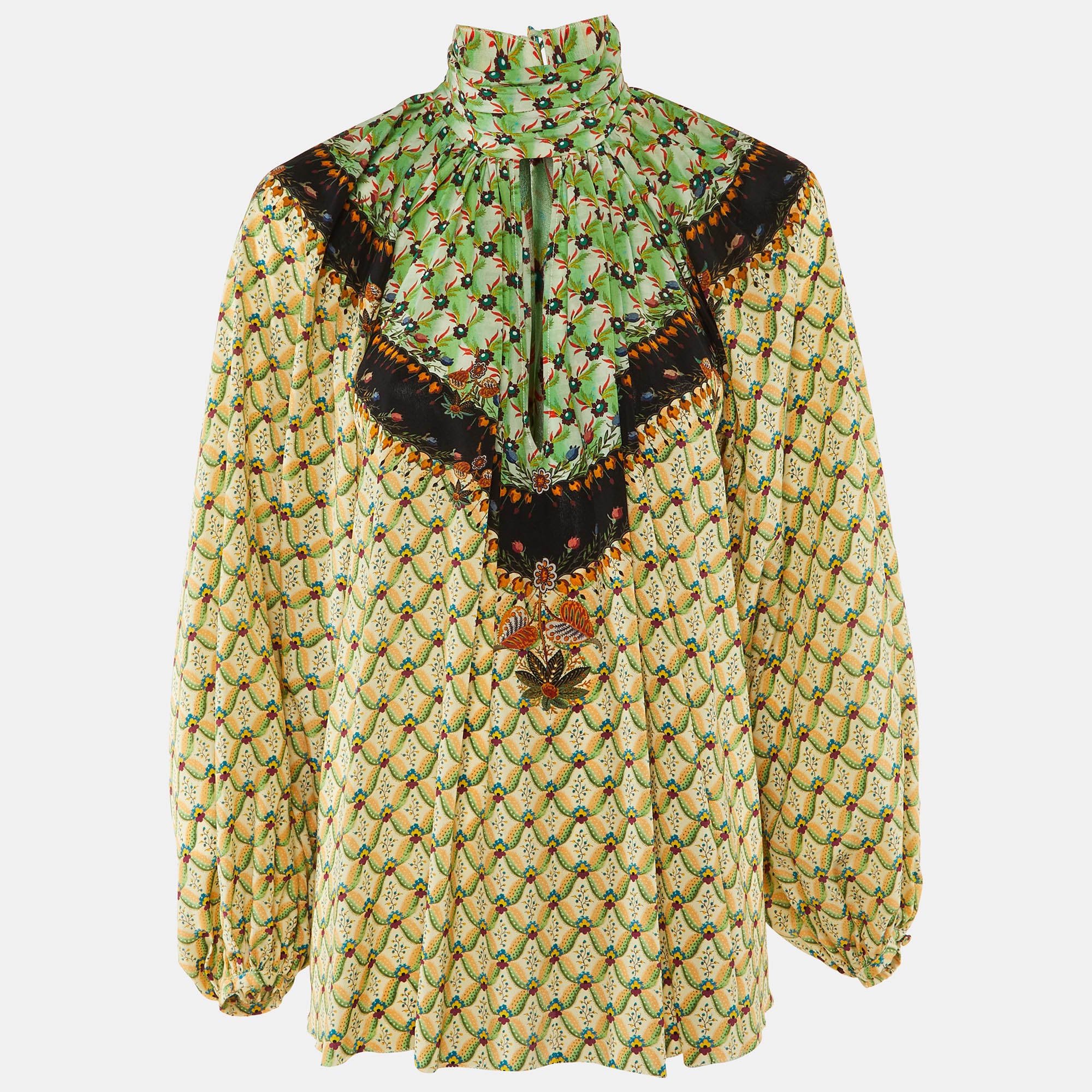 

Etro Green/Beige Floral Print Silk Flared Blouse S