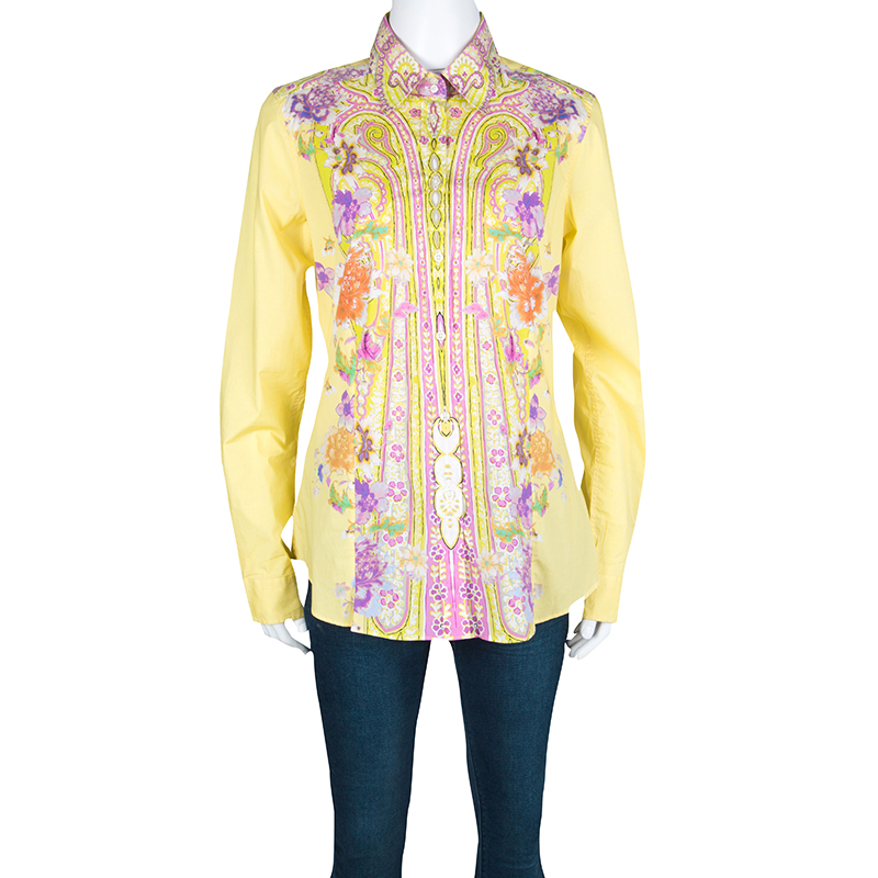 

Etro Yellow Floral Printed Cotton Long Sleeve Button Front Shirt