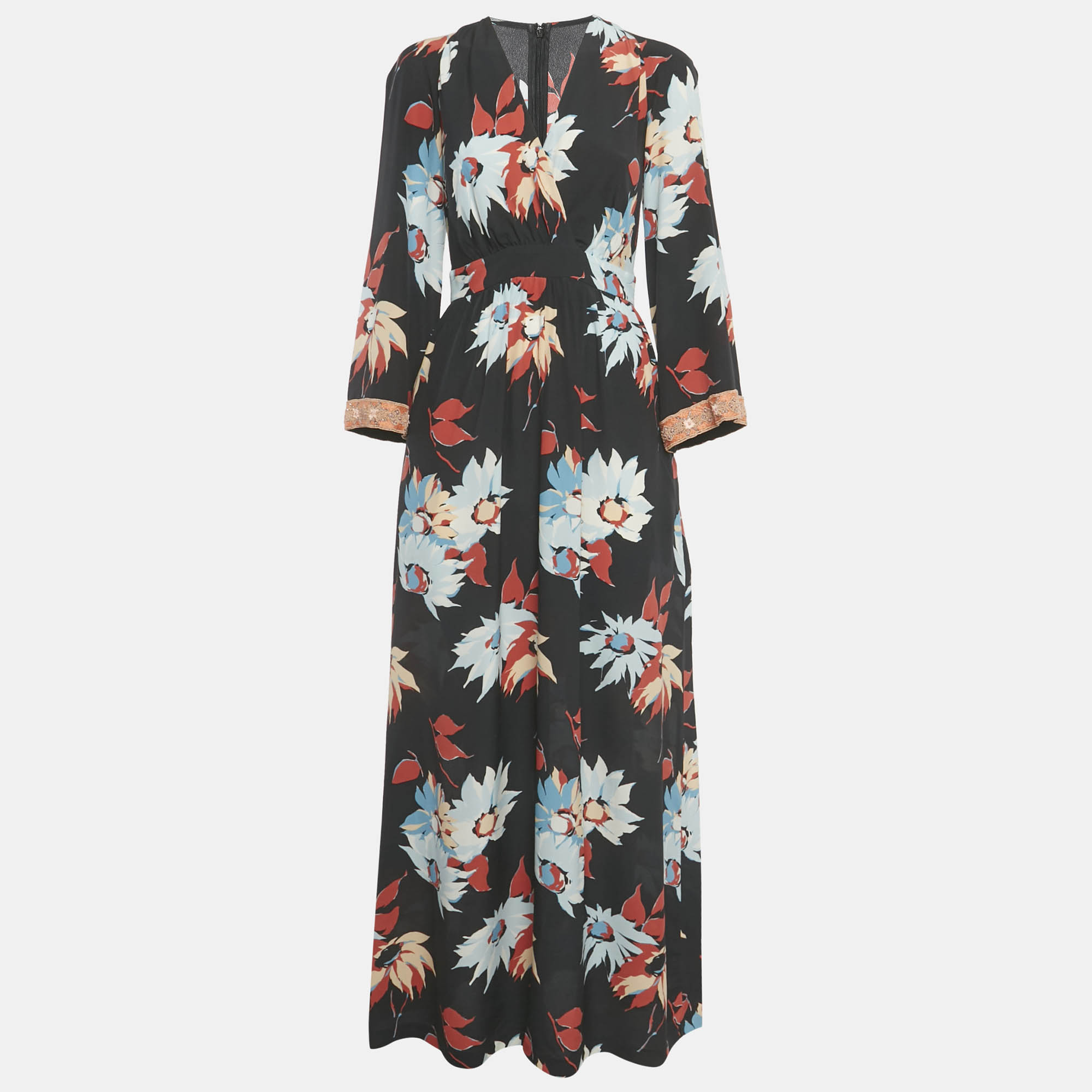 

Etro Black Floral Print Silk Embellished Cuff Detail Dress S