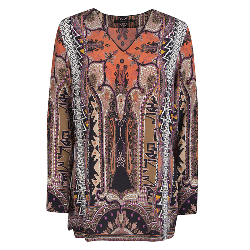 Pre Owned تونيك إيترو أكمام طويلة حرير مطبوع متعدد الألوان M