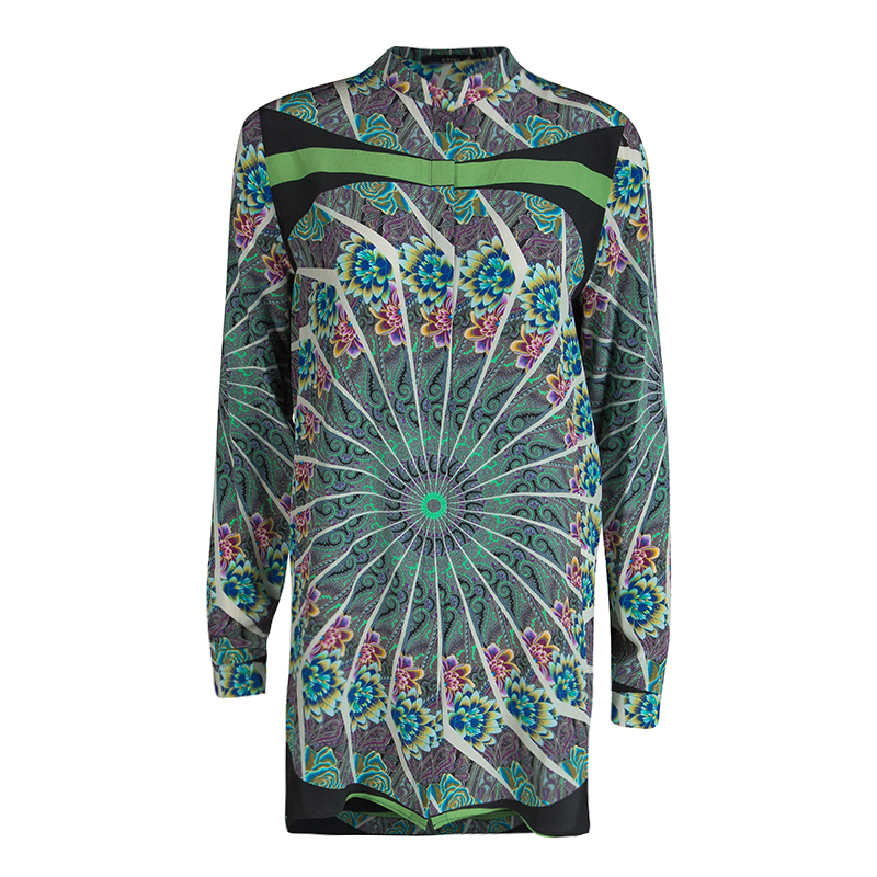 Pre Owned بلوزة إيترو حرير مطبوع متعدد الألوان ياقة ماندرين أكمام طويلة أزرار أمامية S