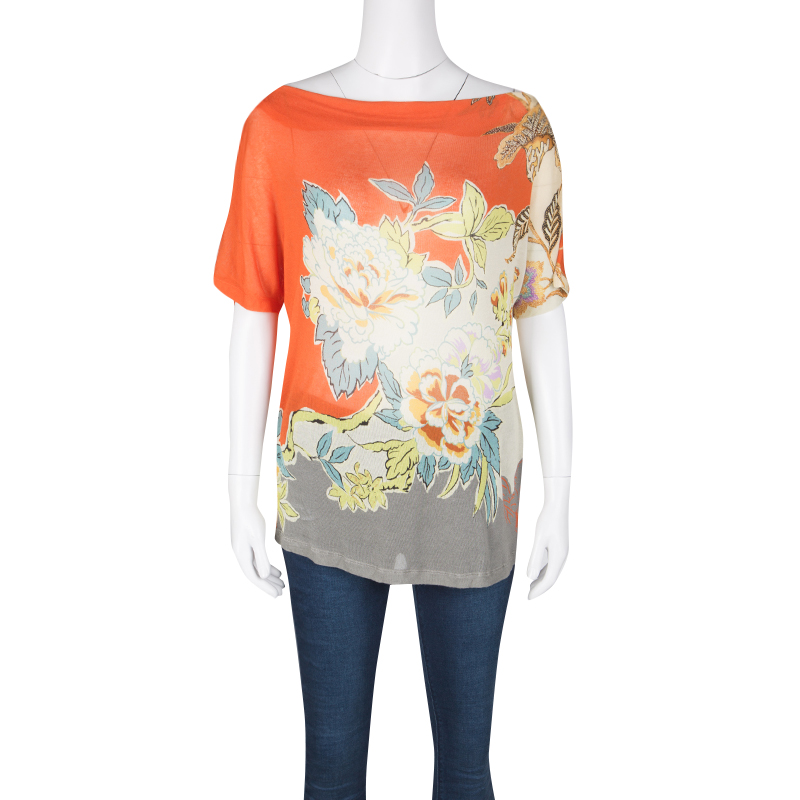 

Etro Multicolor Knit Floral Printed Boat Neck Top