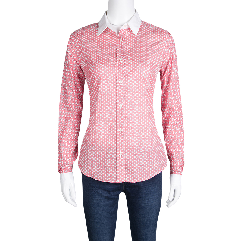 

Etro Pink Marine Life Printed Cotton Contrast Cuff and Collar Long Sleeve Shirt