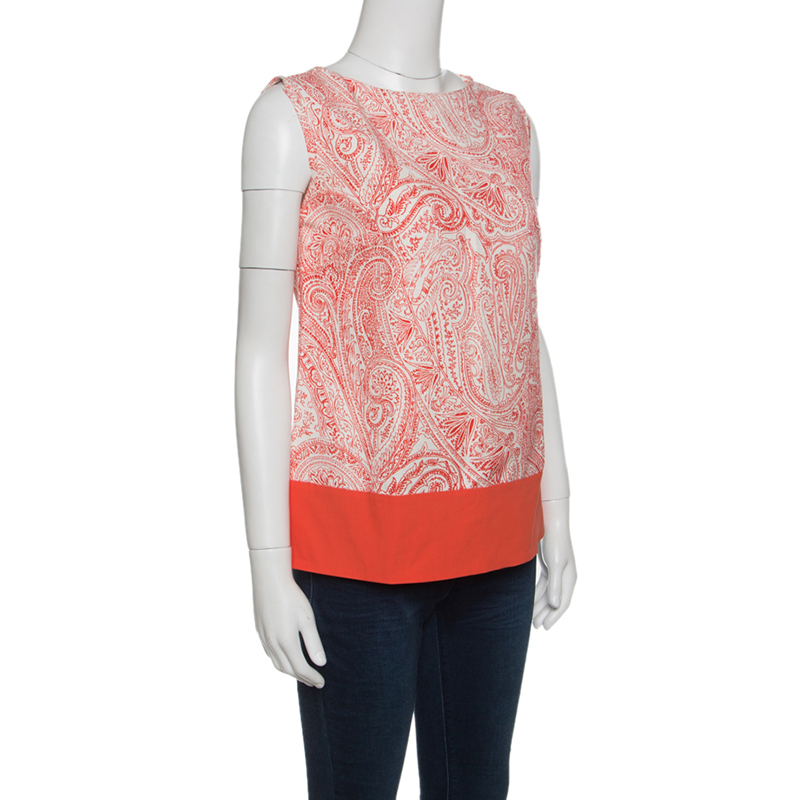 

Etro Orange and White Paisley Print Sleeveless Top