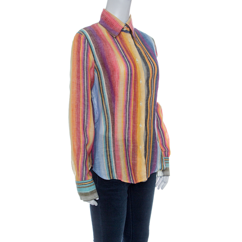 

Etro Multicolor Striped Linen Blend Long Sleeve Button Front Shirt