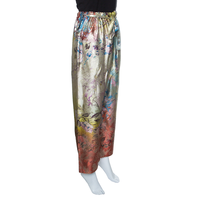 

Etro Multicolor Floral Printed Waist Tie Detail Silk Brocade Pants