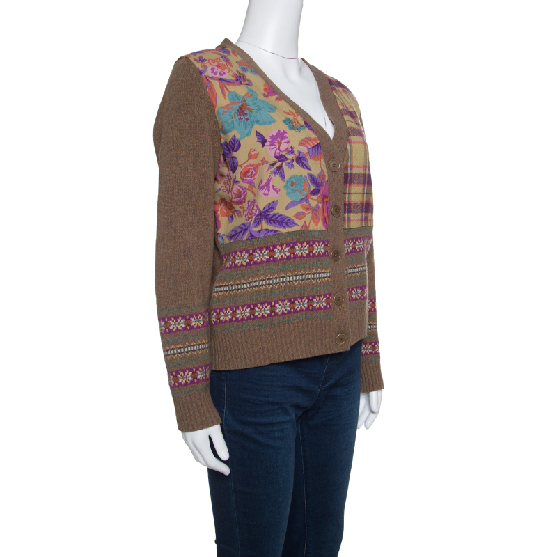 

Etro Brown Patterned Wool Floral and Plaid Patch Detail Cardigan