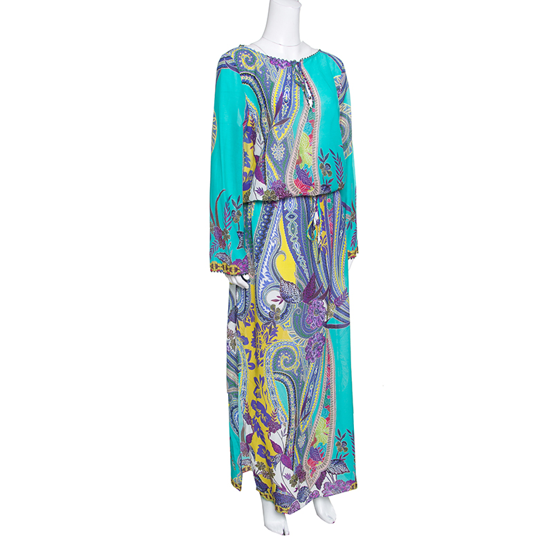 Etro Multicolor Printed Cotton And Silk Waist Tie Detail Kaftan Dress M