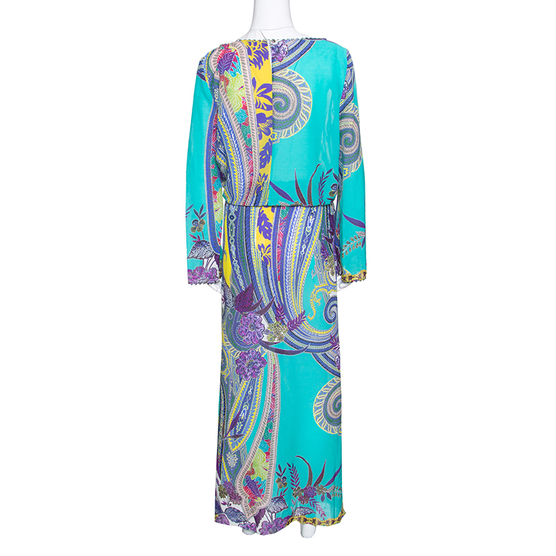 Etro Multicolor Printed Cotton And Silk Waist Tie Detail Kaftan Dress M