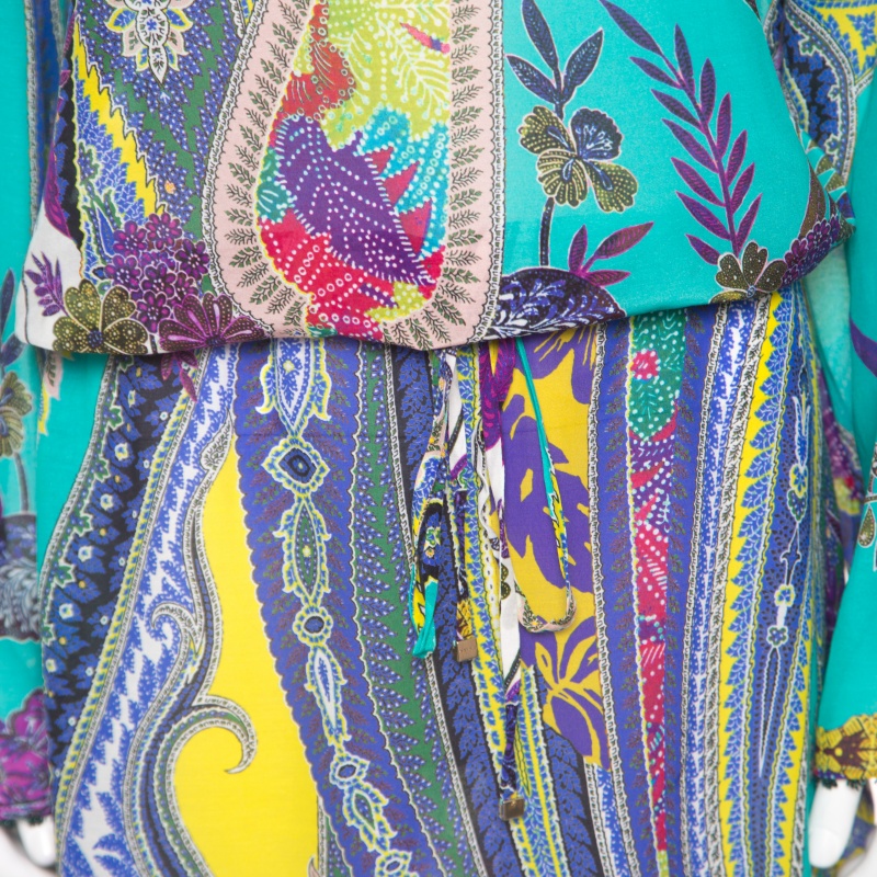 Etro Multicolor Printed Cotton And Silk Waist Tie Detail Kaftan Dress M