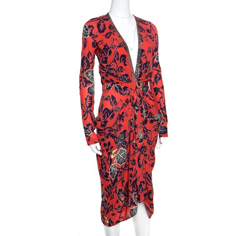 

Etro Red Floral Print Embellished Plunge Neck Detail Draped Midi Dress