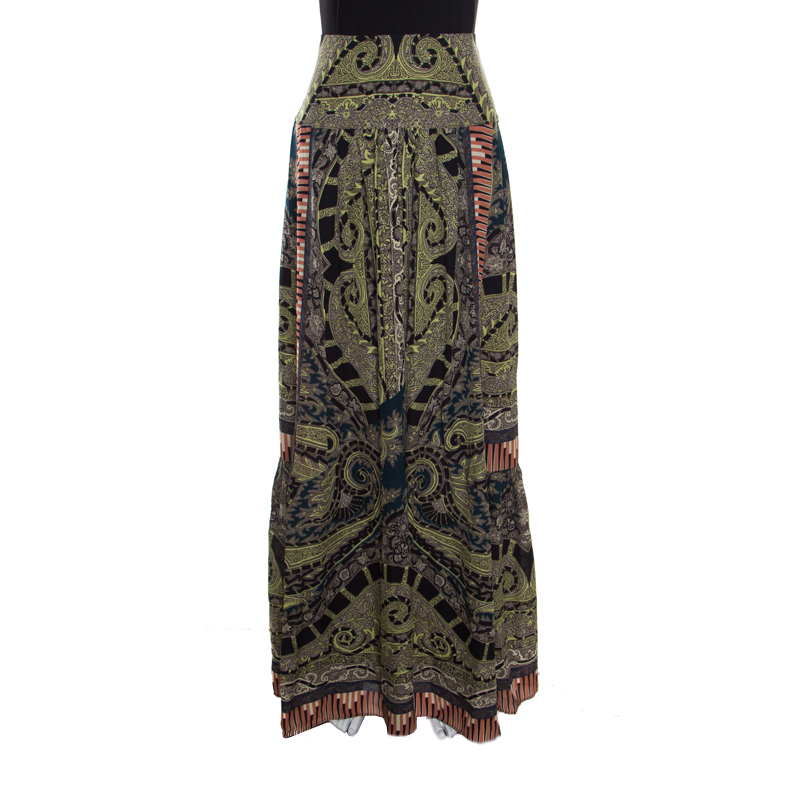 Pre Owned Etro Multicolor Printed Silk Pleat Detail Maxi Skirt S