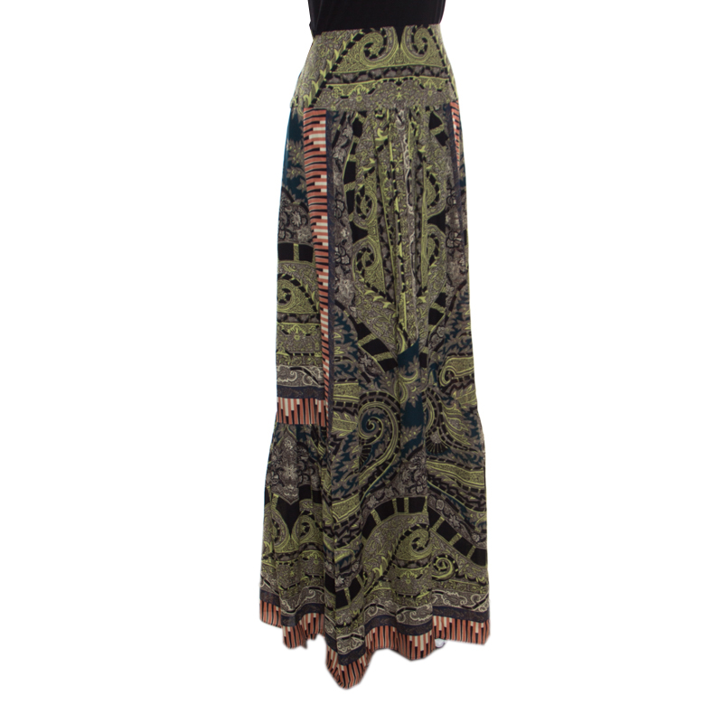 

Etro Multicolor Printed Silk Pleat Detail Maxi Skirt