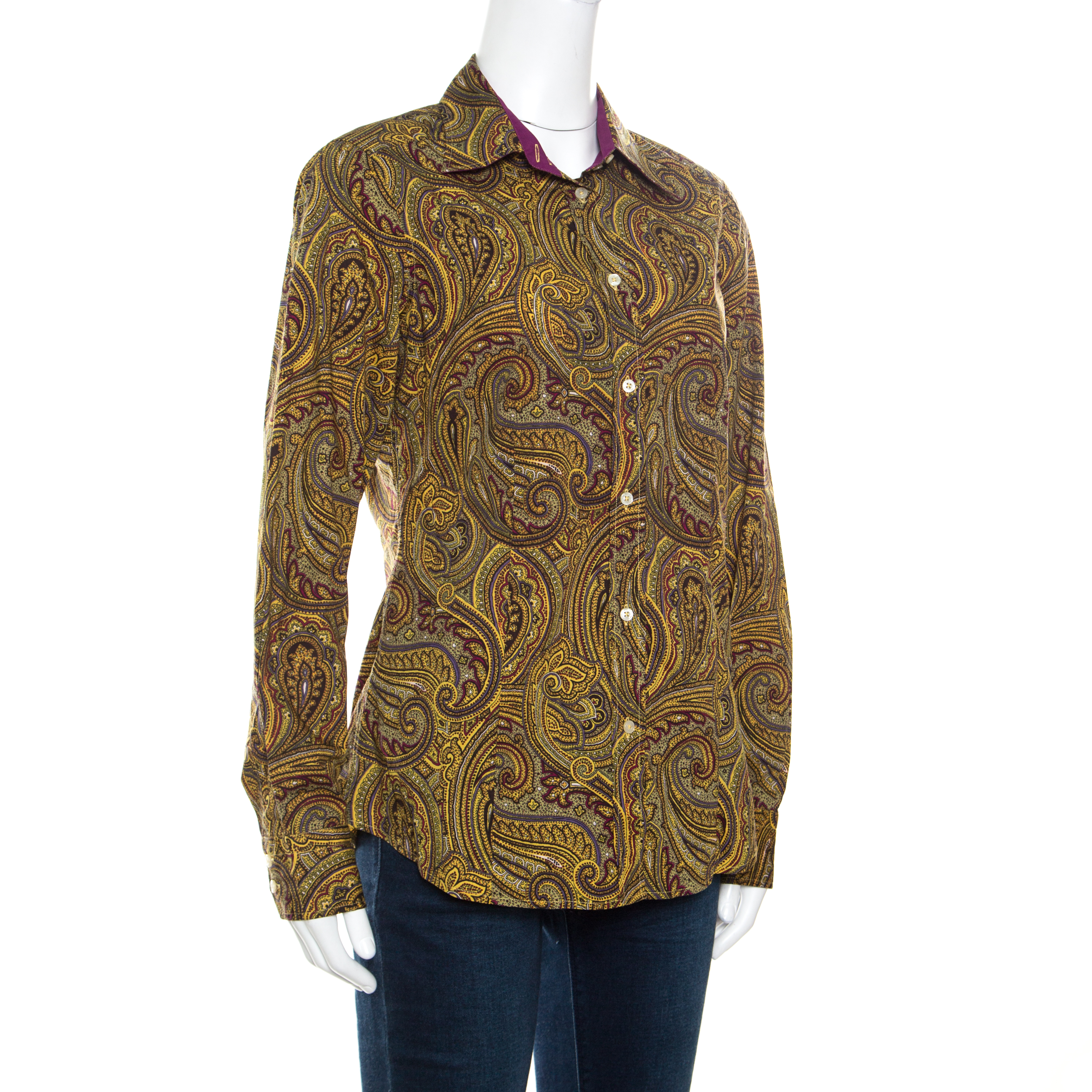 

Etro Yellow Paisley Printed Cotton Contrast Trim Detail Long Sleeve Blouse