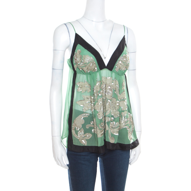 Pre-owned Etro Green Sheer Silk Sequined Floral Applique Detail Babydoll Top L