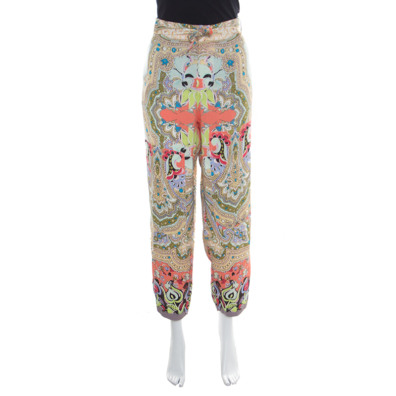 Pre Owned Etro Multicolor Printed Silk Waist Tie Detail Loose Pants M