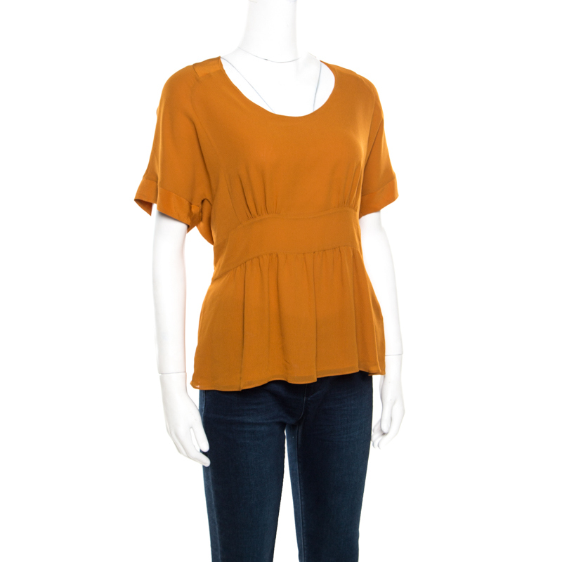 

Etro Mustard Brown Silk Smocked Waist Short Sleeve Top