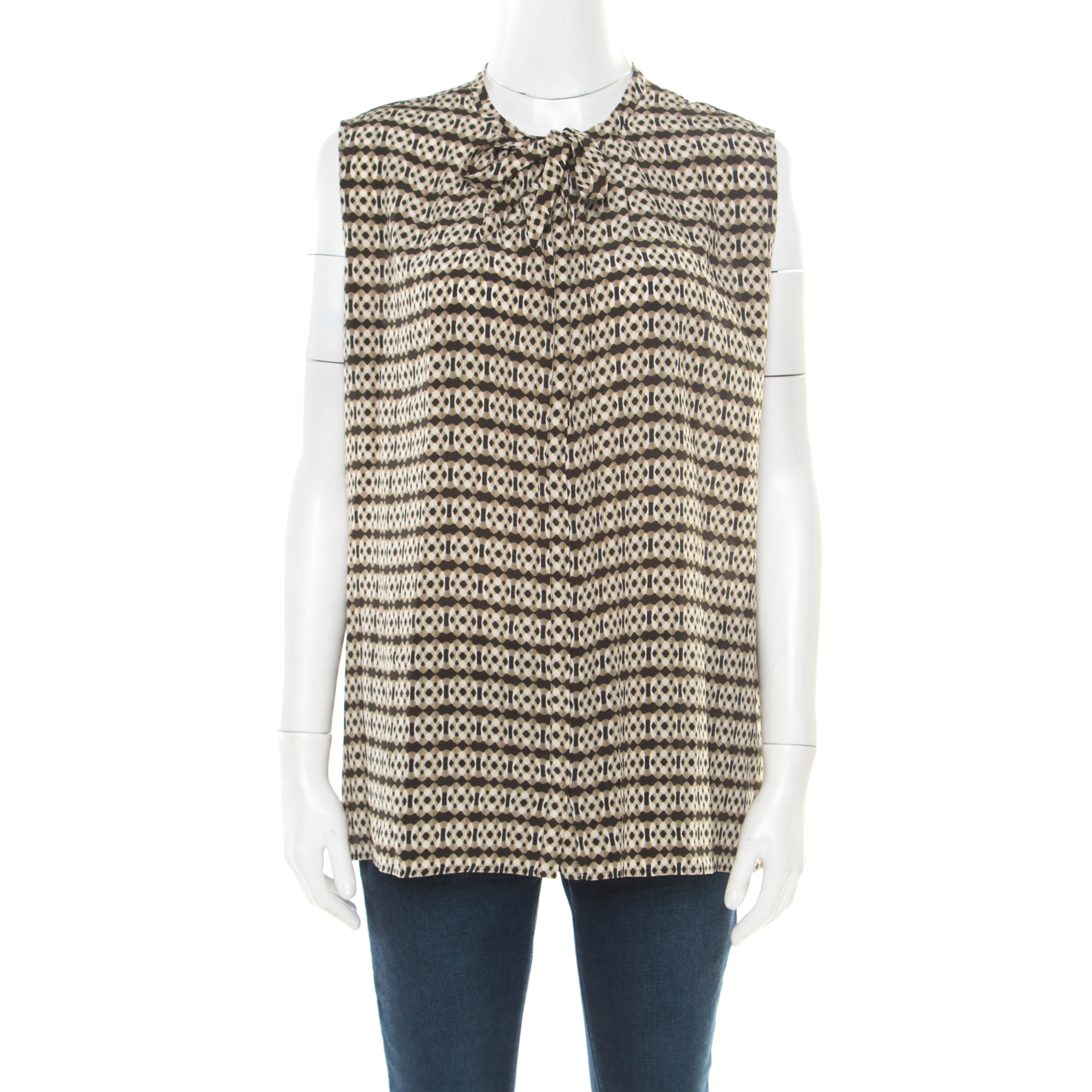 Pre Owned Etro Khaki Abstract Printed Silk Sleeveless Top M