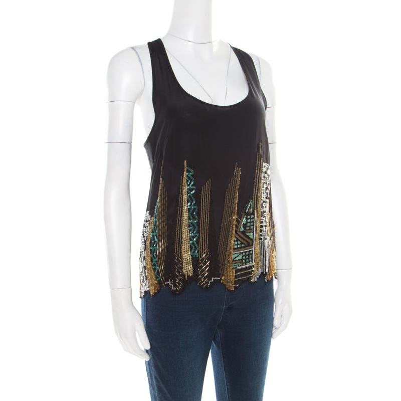 

Etro Black Silk Embellished Scalloped Tank Top