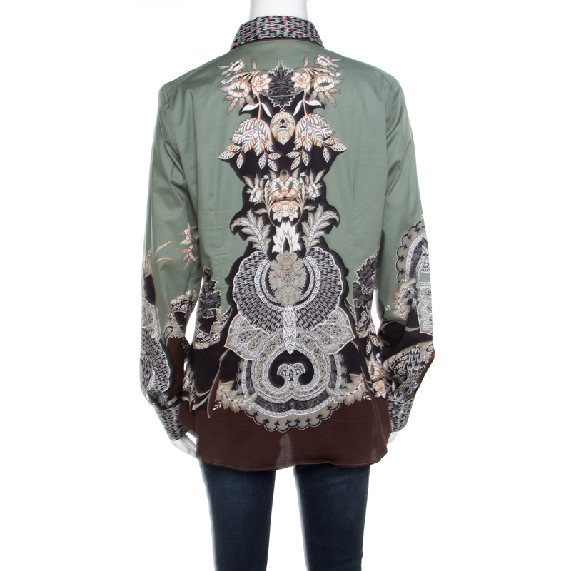Etro Sage Green Floral Placement Print Button Front Shirt L