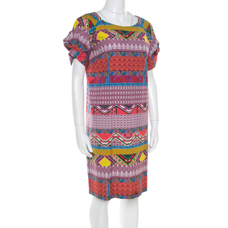 

Etro Multicolor Printed Cotton Twist Sleeve Detail Shift Dress