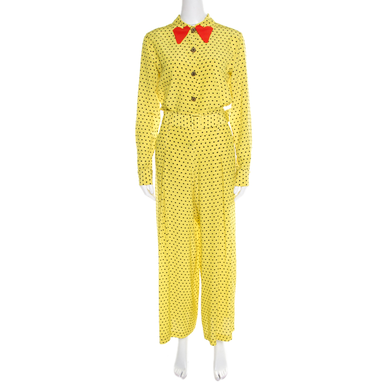 Pre Owned Etro Yellow and Black Polka Dotted Silk Shirt and Pants Set M